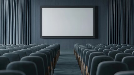 Business conference hall with rows of chairs and presentation screen, 3D illustration