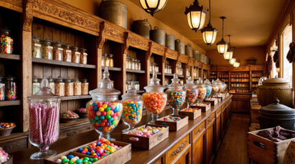 Vintage candy store with wooden shelves and classic candy containers.