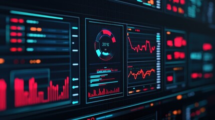 Digital business dashboard on computer screen, futuristic workspace, 3D illustration