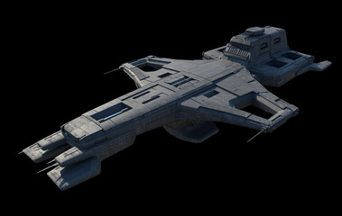 Medium Space Ship with Rear Mounted Cannon Turret on Black Background, Side View, 3d digitally rendered science fiction illustration