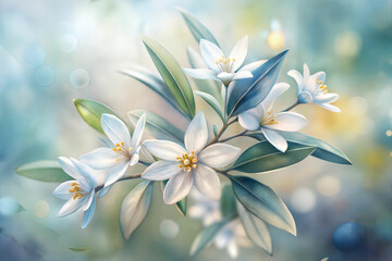 Fototapeta premium close-up of delicate white olive flowers blooming with green leaves in a soft and artistic watercolor background