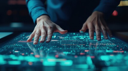 Naklejka premium Close-up of hands analyzing holographic financial data projected on a glass desk, sharp detail, high-tech corporate atmosphere.