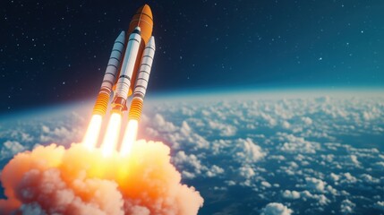 Fototapeta premium Cartoon Rocket Launching into Space in Bright Style