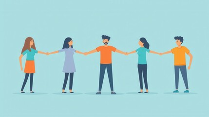 Fototapeta premium Five diverse individuals holding hands, symbolizing unity and collaboration against a light blue background.