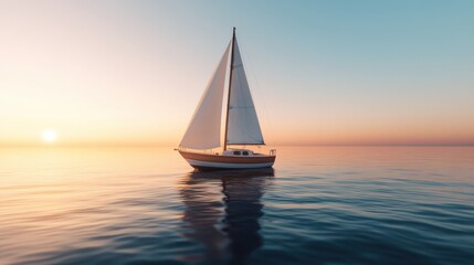 Fototapeta premium Cozy Sailboat Gently Sailing at Sunset