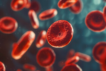 Fototapeta premium illustration of red blood cells, red small elastic cells of disc-shaped biconcave shape, microscope view, flying on an abstract background,