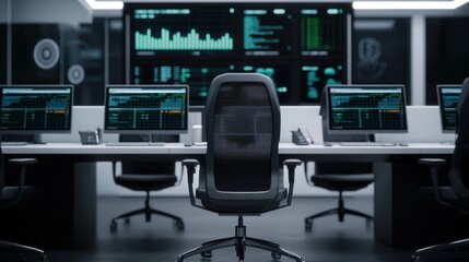 A sleek, high-tech corporate workspace with holographic screens displaying financial data, modern furniture, and futuristic lighting, 3D render.