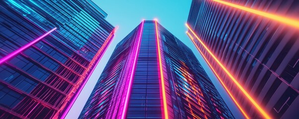 A high-rise corporate building with glowing lines and holographic projections on the windows, futuristic, neon lighting, cityscape at night, photography.