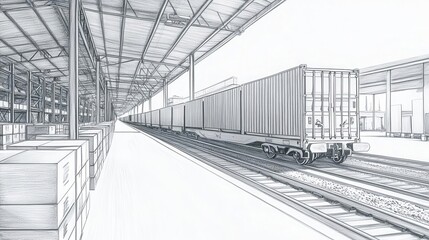 Obraz premium A cargo train passing through a distribution center, rail transport logistics, wood pencil drawing, isolated on white background