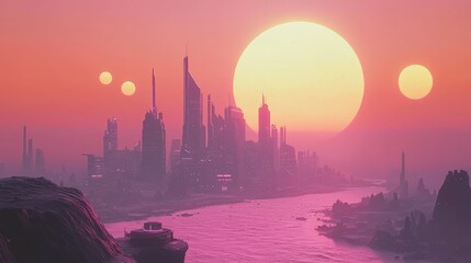 Naklejka premium Futuristic City Skyline on Alien Planet at Sunset