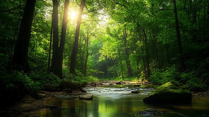 Obraz premium Sunbeams Through Forest Canopy, Illuminating Stream