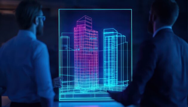 Business team reviewing holographic blueprints of a skyscraper, neon accents, futuristic boardroom, blue and green holograms, isometric view.