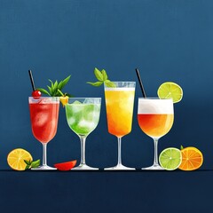 Colorful cocktails with garnishes.