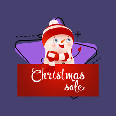 Christmas sale red poster design with cute snowman. Creative handwritten lettering with cartoon character of snowman on abstract background. Can be used for advertising, shopping, sales