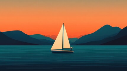 Naklejka premium Tiny Sailboat at Sunset on Serene Waters