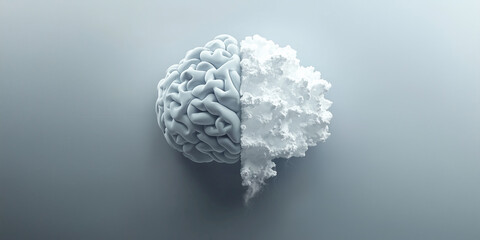 A brain partially transitioning into a cloud, symbolizing the union of logic and imagination, representing creativity, abstract thought, and mental expansion