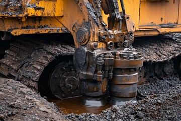 Heavy machinery digging in muddy terrain at a construction site during daytime. Generative AI