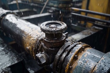 Rusty valve on a large pipe with rain droplets in an industrial setting. Generative AI