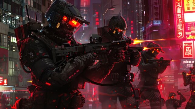 Illustration of cybernetic soldiers equipped with weaponry ready for missions in cyberpunk cities