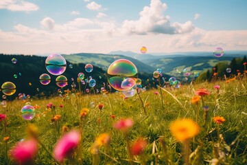 A colorful bubble drifting gracefully through the open sky surrounded by nature s beauty