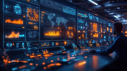 Naklejka premium Control room with data visualizations and analytics displays.