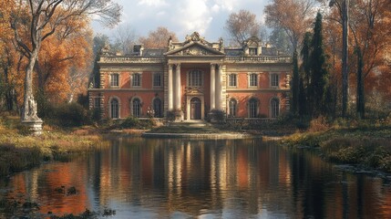 Fototapeta premium A Grand Mansion Reflected in a Still Pond