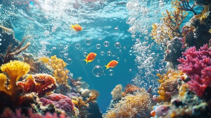 Obraz premium Underwater Scene with Colorful Fish and Bubbles