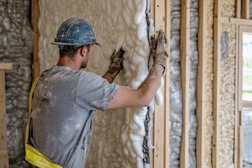 Construction worker applying insulation foam in a residential building project. Generative AI
