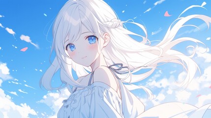 Charming anime-style girl with white hair and blue eyes wearing a cloud-patterned white dress, floating in a colorful sky