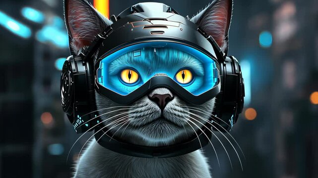 Cat wearing futuristic helmet posing in futuristic city
