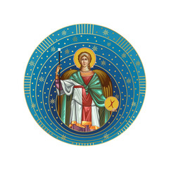 Fototapeta premium Archangel Michael. Starry sky round illustration in Byzantine style