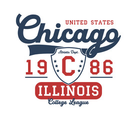 Fototapeta premium Boston t-shirt design with college shield. Illinois college league tee shirt with inscription with swash. Graphics for athletic clothes. Print for vintage sport apparel. Vector.