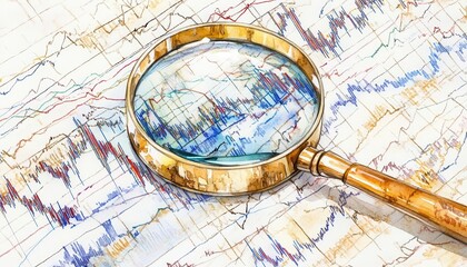 Watercolor of a magnifying glass zooming into intricate stock market details, InDepth Market Analysis, financial research