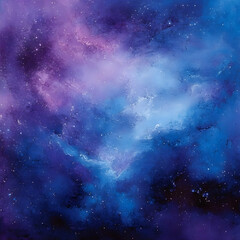Obraz premium Abstract painting of a deep space nebula with blue and purple colors and sparkling white stars.