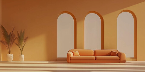 Fototapeta premium Sofa, Terrakotta-Sessel vor Bogenfenstern. Minimalistisches Innendesign eines modernen Wohnzimmers. 