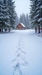 Snowy pathway leading to a wooden cabin surrounded by trees in a winter wonderland