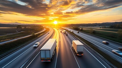 truck on the highway, Big truck with heavy equipment trailer speeding on rural road