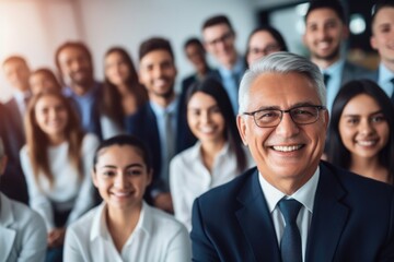 Fototapeta premium Group of people are smiling and posing for a photo. The man in the center is wearing a suit and tie