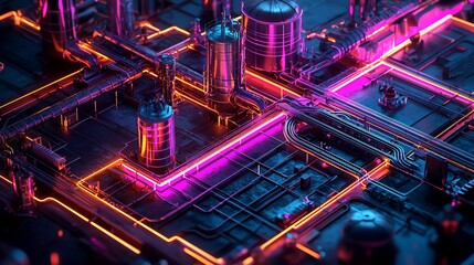 Fototapeta premium ETL pipeline as a futuristic assembly line, data flowing through stages, neon lights, cyberpunk aesthetic, dark setting
