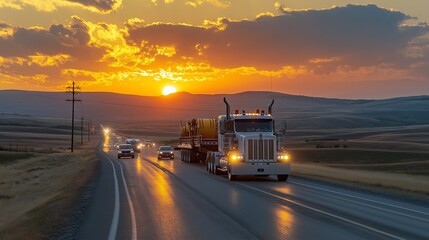 truck on the highway, Big truck with heavy equipment trailer speeding on rural road