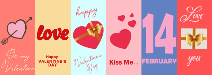 Minimalistic set of Valentine’s Day cards with heart symbols, gift boxes, and romantic messages in bold colors. Templates for celebration, ads, branding, banner, cover, label, poster, sales