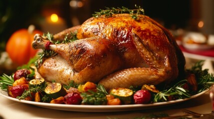 Fototapeta premium Golden Roasted Turkey with Vegetables and Herbs