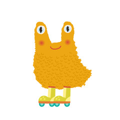 A cheerful yellow-orange alien on roller skates. A cute character. Vector illustration in the form of a float.
