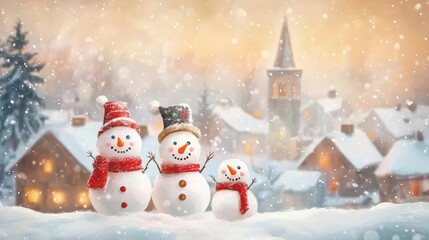 Naklejka premium Family of snowmen singing carols, snowy village backdrop, watercolor style
