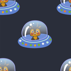 Seamless pattern of a deer flying on a flying saucer on a dark blue background
