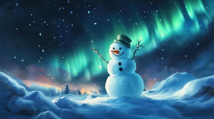 Obraz premium Festive snowman waving, snowy night, northern lights above, watercolor style