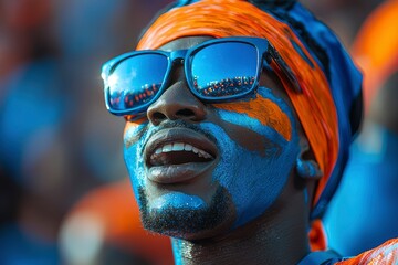 Close-up Portrait of a Fan with Blue and Orange Face Paint and Sunglasses