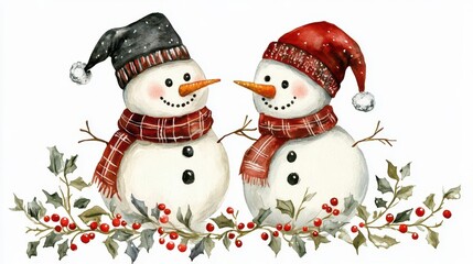 Snowman couple, romantic winter setting, mistletoe, watercolor style