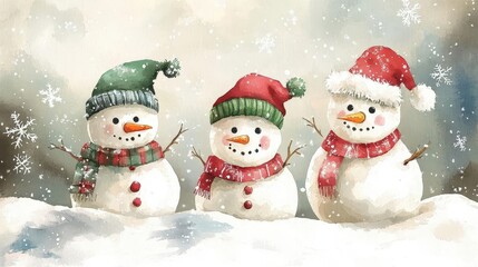 Snowman family, wearing festive hats, snowflakes falling, watercolor style