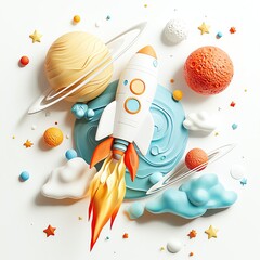 Isolated on white, space and planets in soft 3D style, featuring the moon, Earth, Mars, a rocket, and some shooting stars.